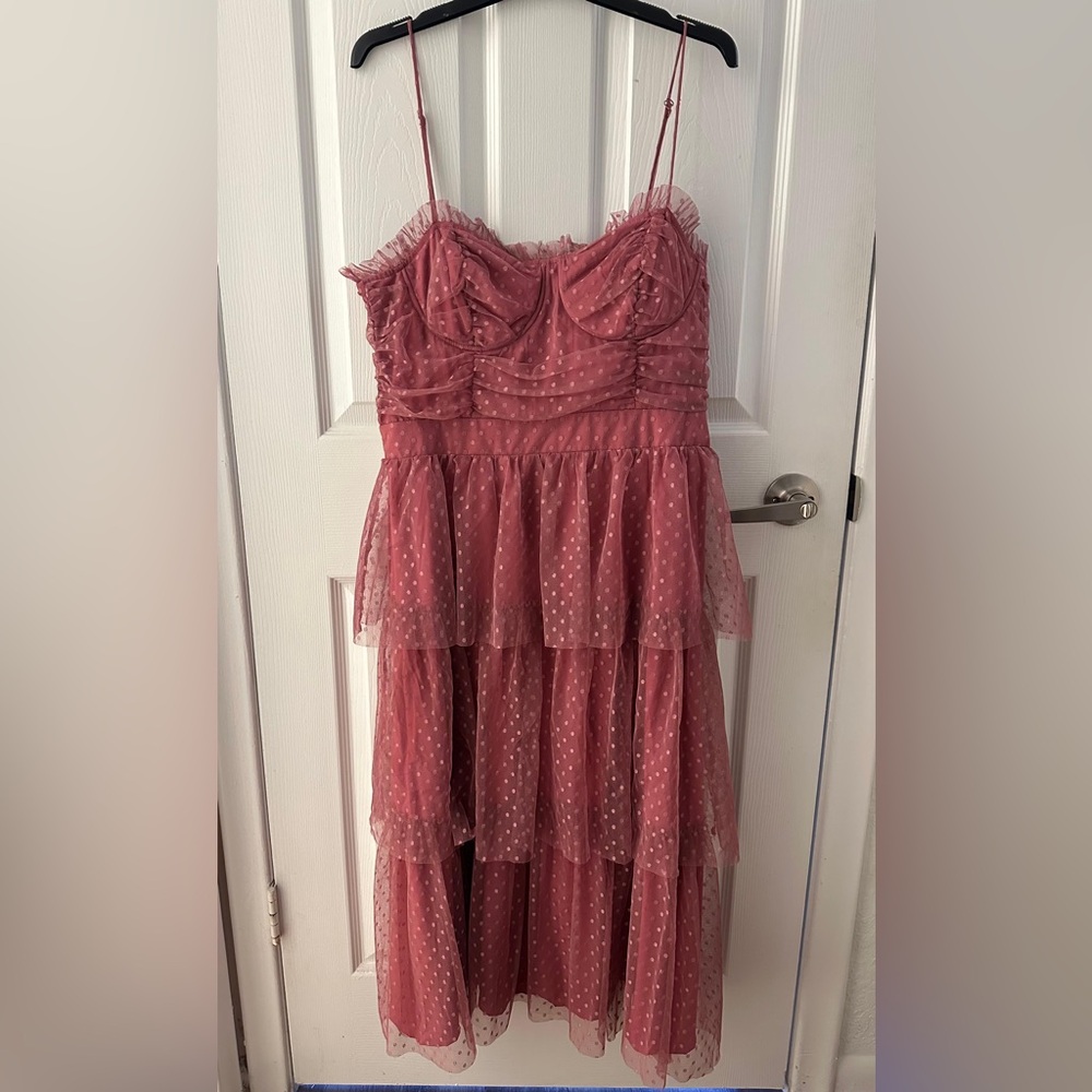 Lulus Muave Pink Polka Dot Tiered Bustier Dress XL Wedding Guest